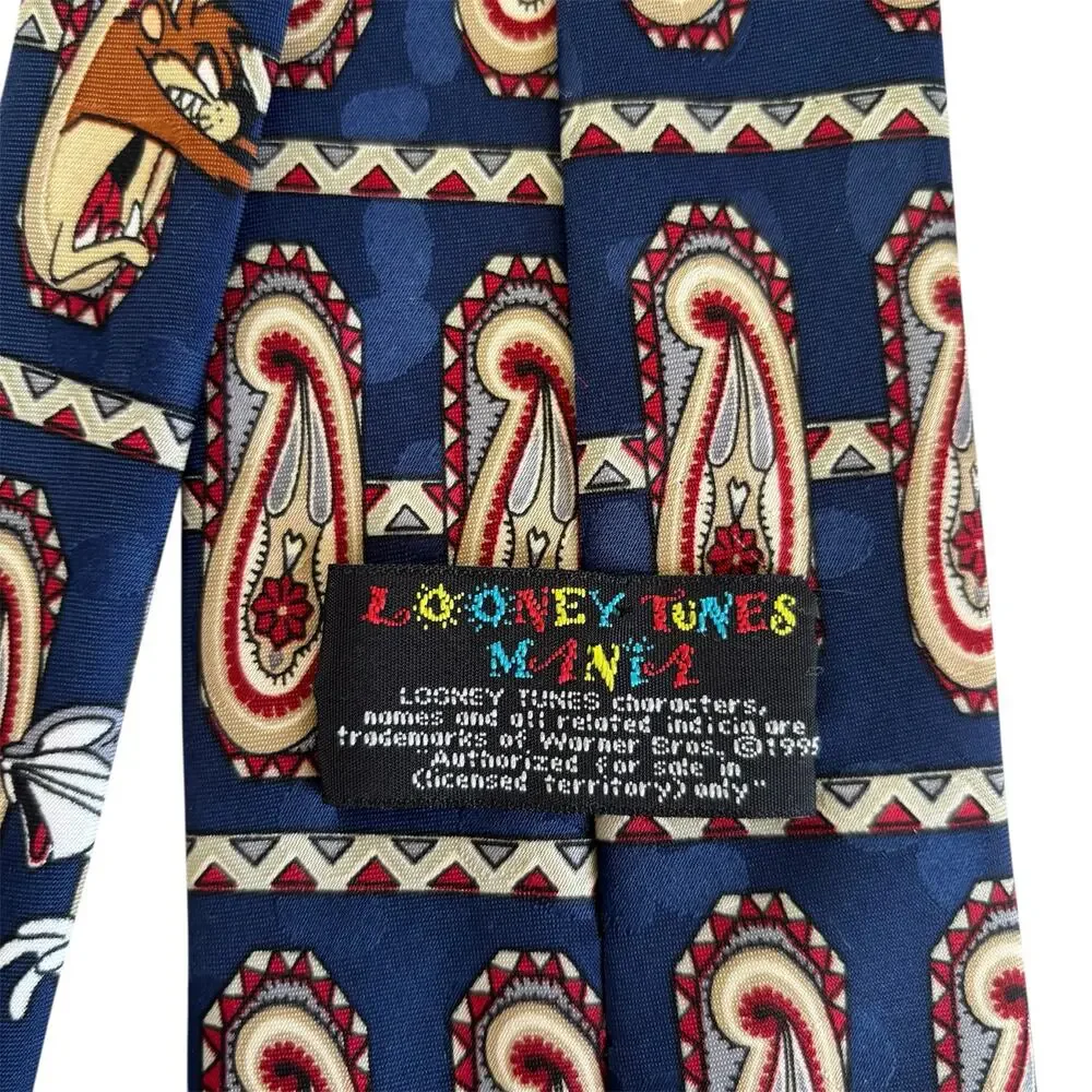 Looney Tunes Mania Men's Necktie Blue Paisley Pattern Cartoon Characters 1995
